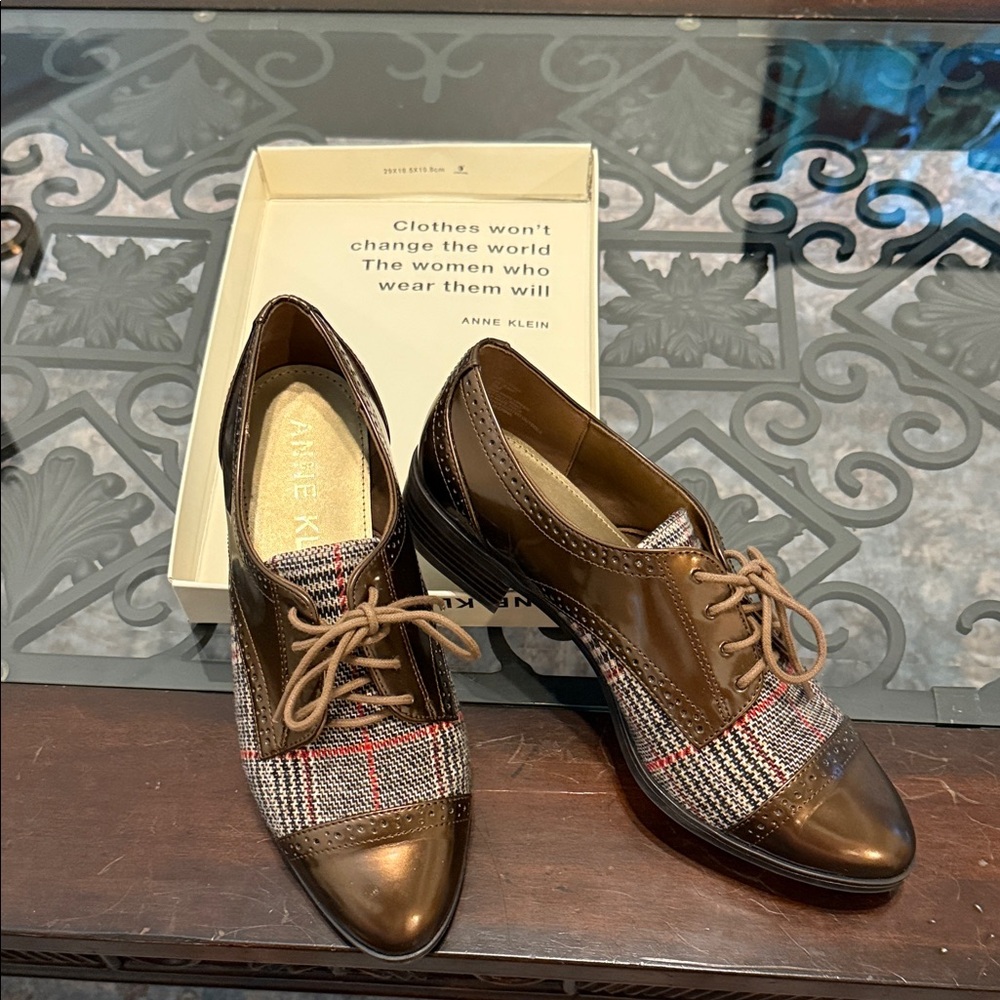 Anne Klein Bronze and Plaid Lace-Up Oxfords